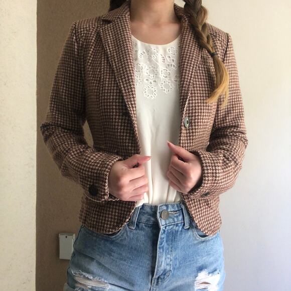 American Eagle y2k 90s brown houndstooth plaid blazer coat jacket pockets small - Picture 1 of 6